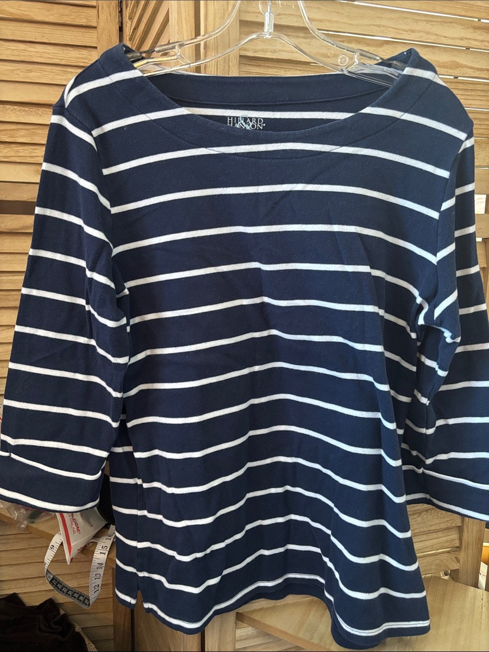 Hillard & Hanson Navy and White Striped Boatneck Top Petite Large